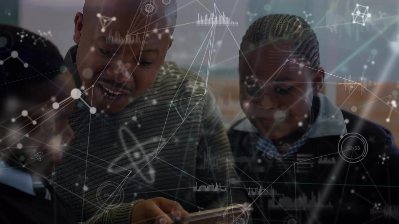 Animation of african american father with sons using tablet over data processing