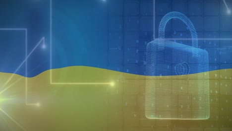 Animation-of-moving-lights-and-digital-padlock-over-flag-of-ukraine