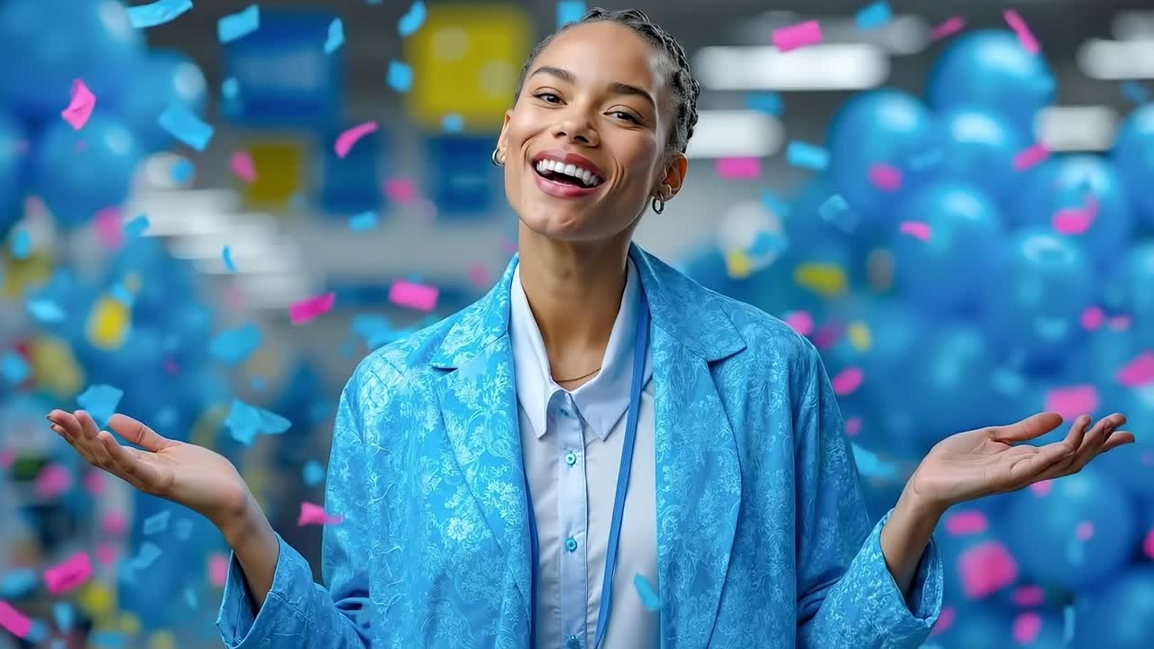 A woman in a blue suit with her arms outstretched in front of balloons