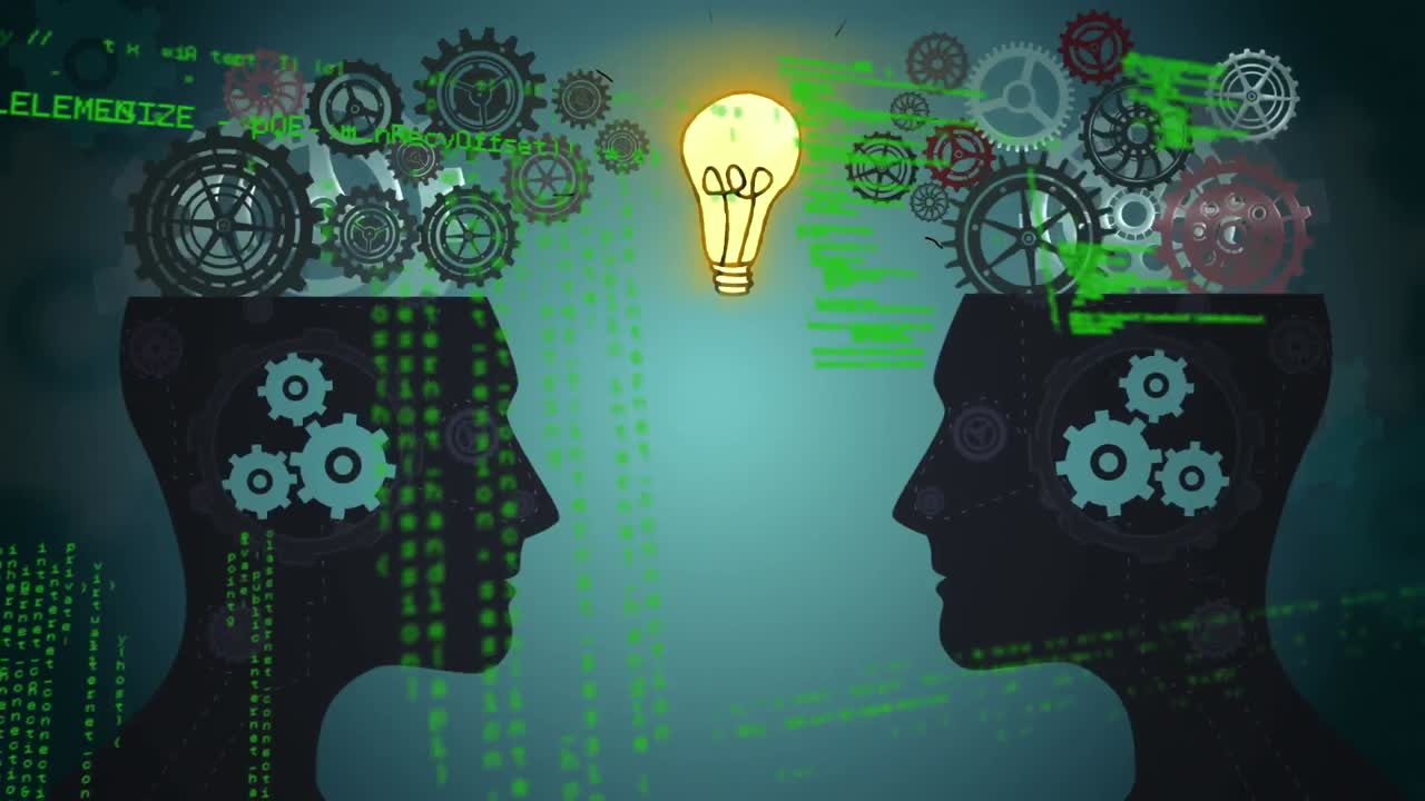 анимация человеческих голов с помощью лампочки, цифровых зубчатых колес и обработки данных