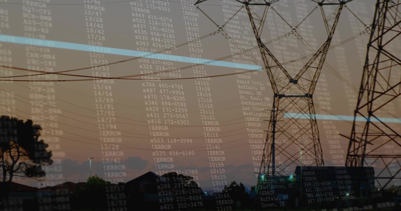 Glass reflection causing overlay, pole shifting to lattice towers, panning right revealing skyline