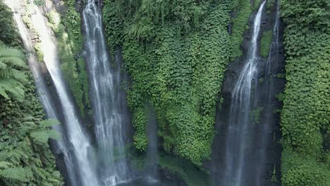 aerial tilts up sekumpul waterfall, tourist swims in pool far below