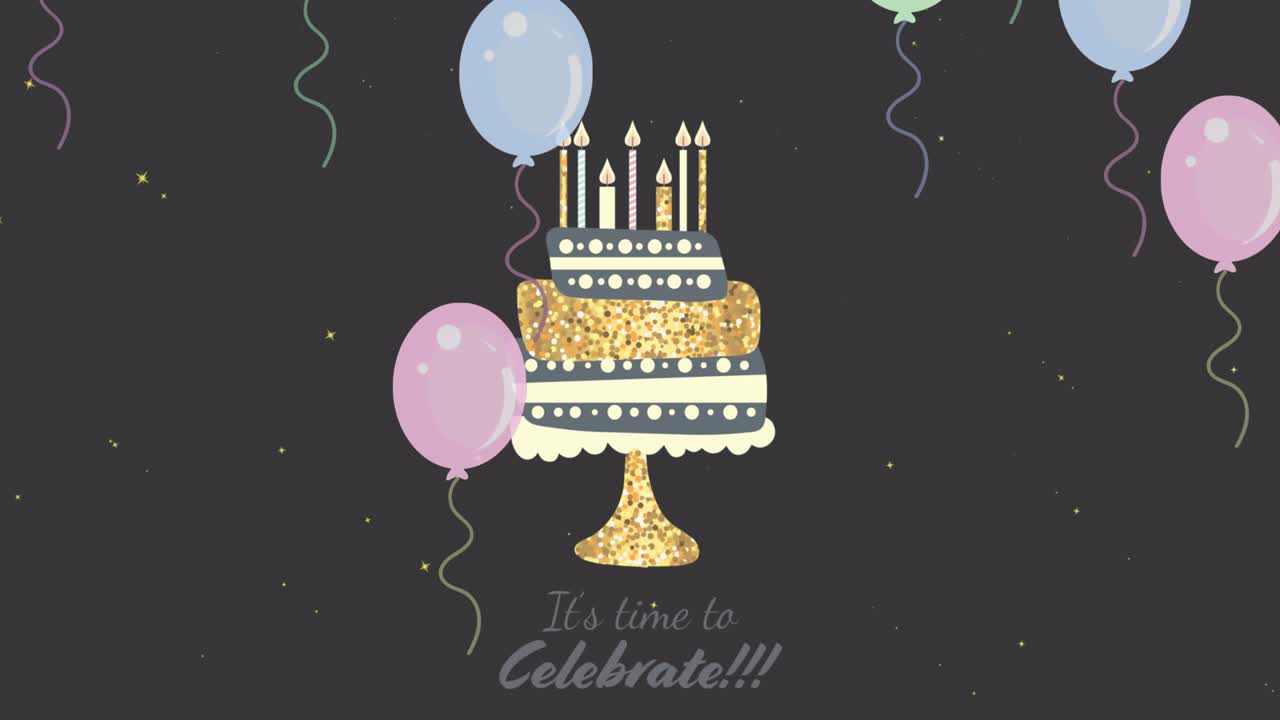 animación de pastel de cumpleaños con velas encendidas y globos de fiesta sobre fondo negro