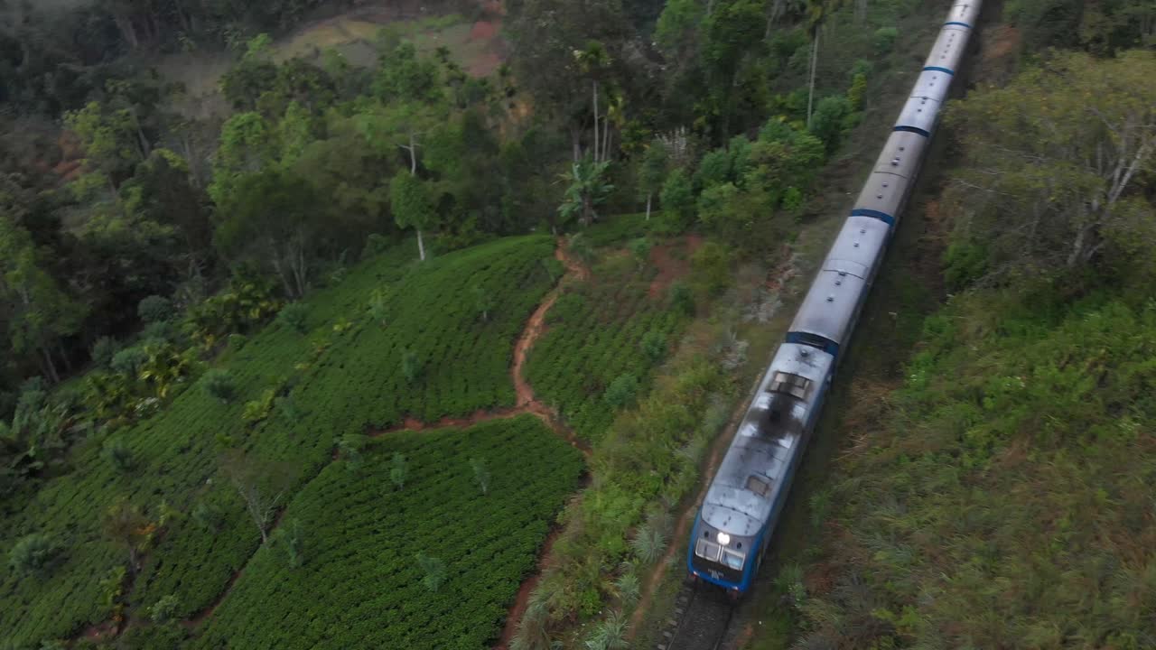 Vista aerea di un treno che attraversa il famoso Ponte dei Nove Archi con cielo nuvoloso e piantagioni di tè a Ella Badulla, Sri Lanka