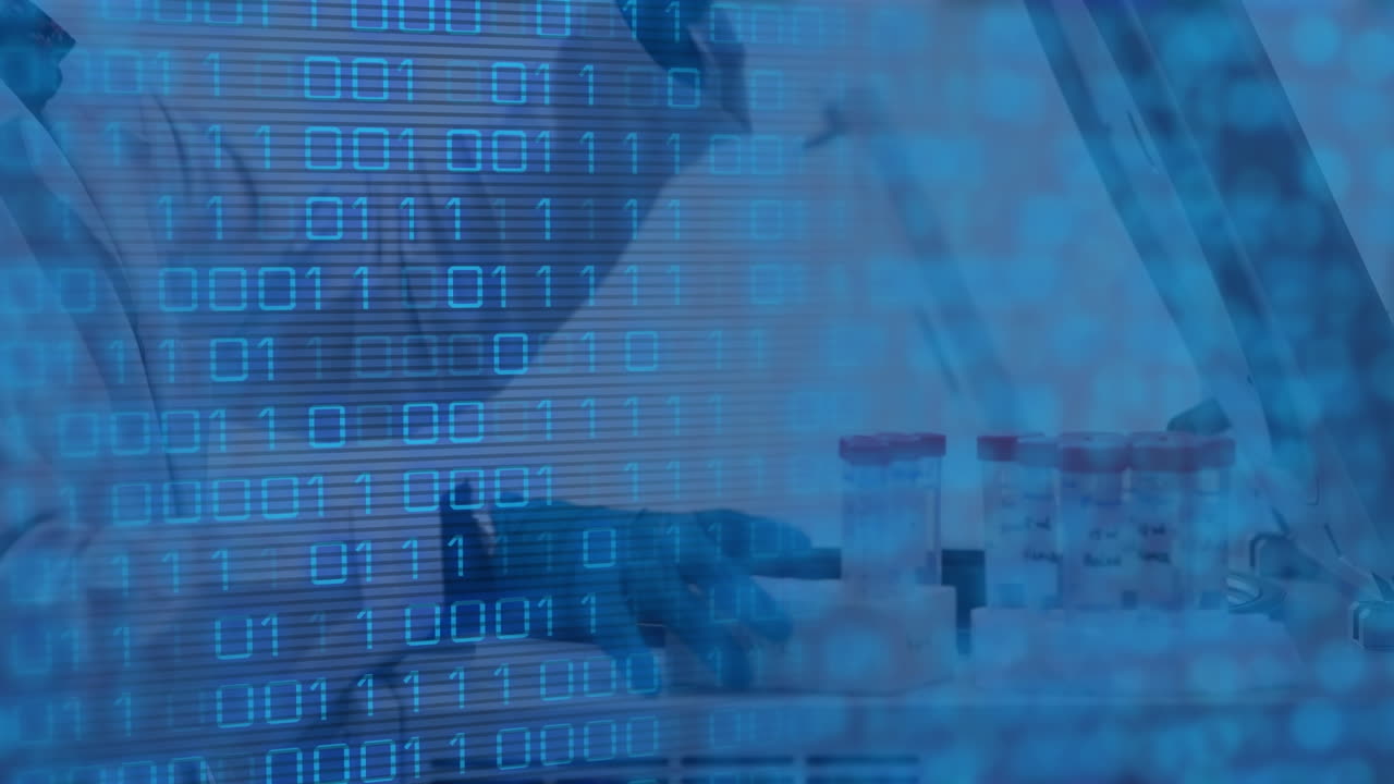 animación del procesamiento de datos sobre un científico caucásico en el laboratorio