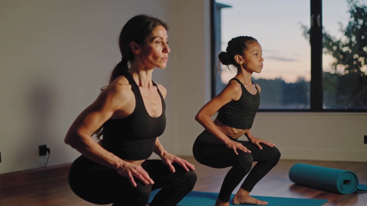 Adulto che si abbassa praticando squat in studio su indicazione di un adulto, in abbigliamento sportivo nero con tappetino blu.