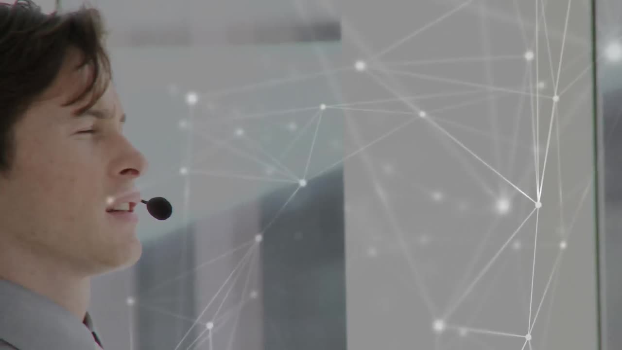 전화 헤드 ⁇ 을 사용하는 사업가에 대한 연결 네트워크의 애니메이션