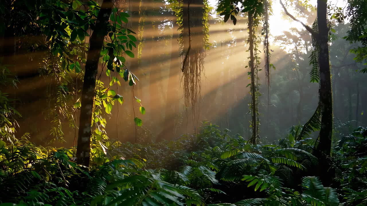 Raggi di sole che filtrano attraverso la foresta pluviale tropicale