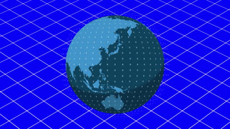 animation of globe with data processing over grid on blue background