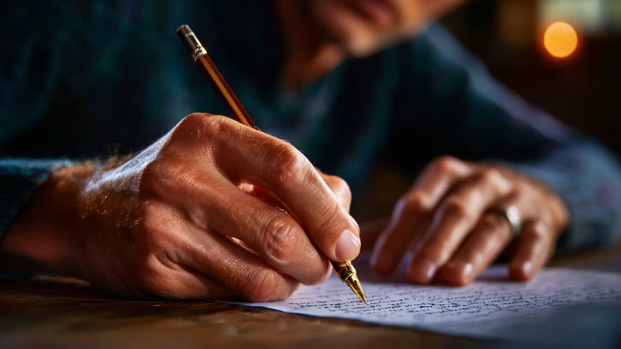 An Intimate Moment of Thoughtful Penmanship as a Person Crafts Meaningful Words on a Page with a Classic Pen in a Cozy, Dimly Lit Environment