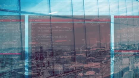 animación del procesamiento de datos financieros sobre el paisaje urbano