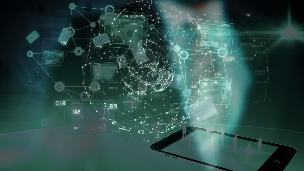 Science Composition Hologram of earth combined with illustration of connecting people