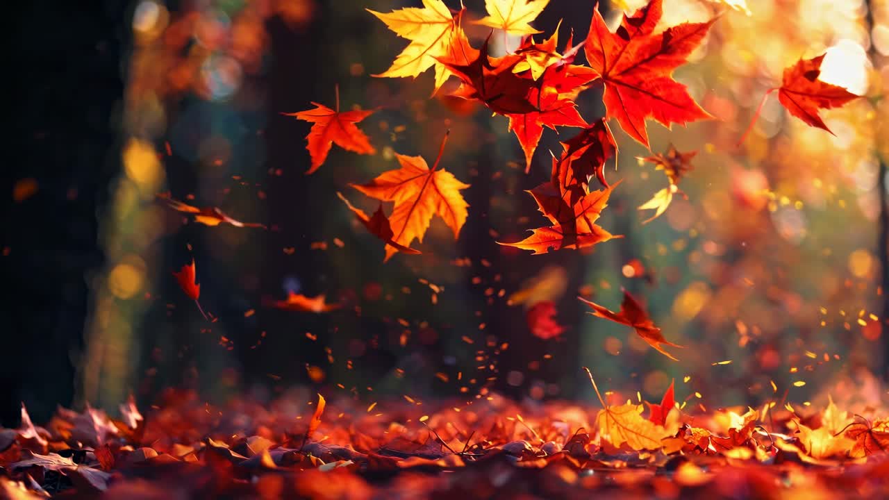 Video capturing vibrant autumn leaves gently falling, creating a serene and colorful atmosphere