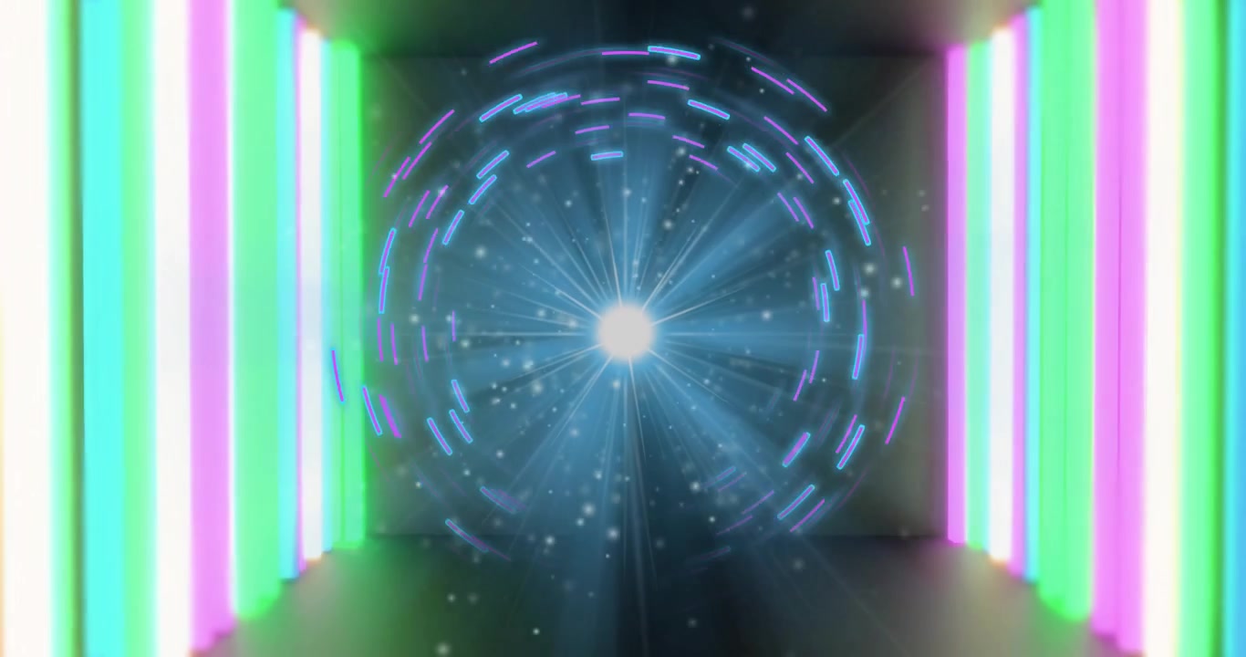 Abstract Tunnel with Glowing Neon Lights and Rotating Circular Energy Rings