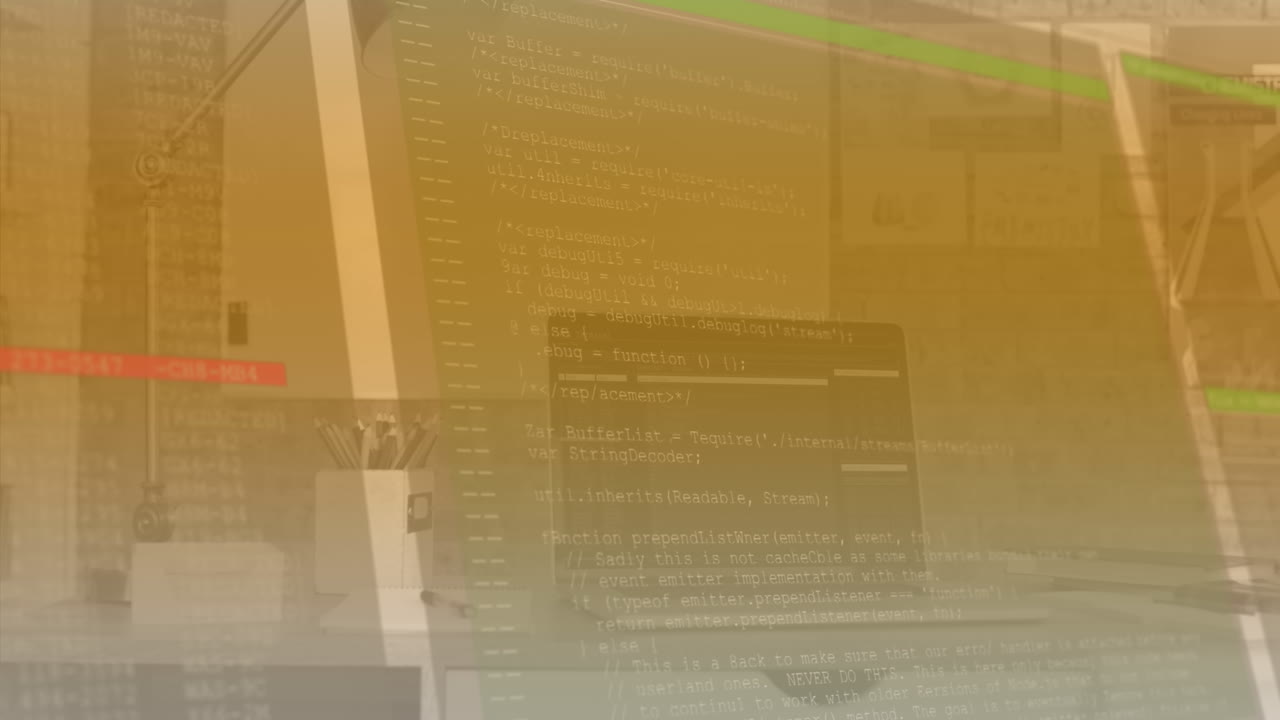 animación del lenguaje informático y la interfaz abstracta en una computadora portátil en el escritorio
