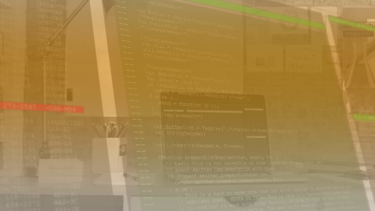 Animation of computer language and abstract interface over laptop on desk