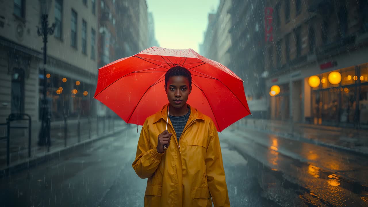 Walking woman holding red umbrella in yellow raincoat, braving steady rain along wet city street