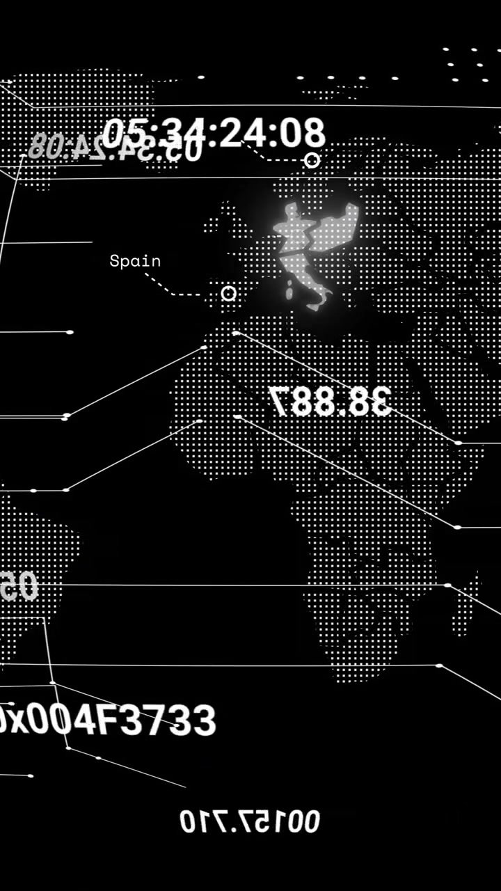 Animation of data processing and world map on black background
