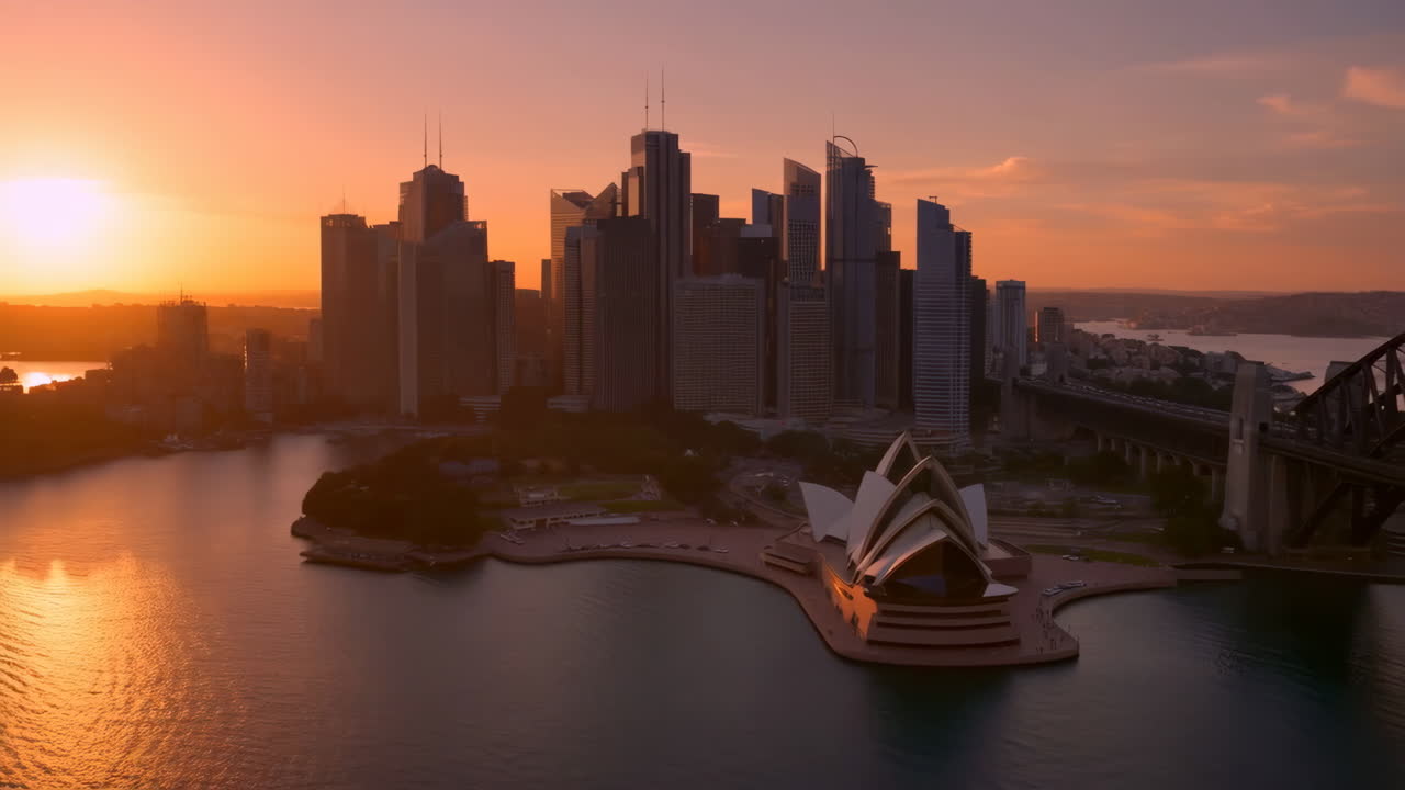 Aerial View of Sydney at Sunset with Opera House and Harbour Bridge