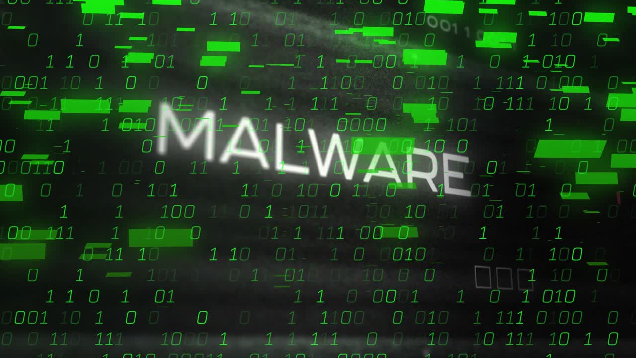 animación de barras y códigos binarios en bucle sobre texto de malware contra un fondo negro