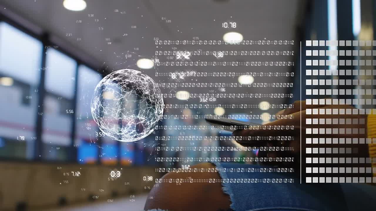 스마트 폰을 사용하는 혼합 인종 여성에 대한 데이터 처리 및 지구상의 애니메이션