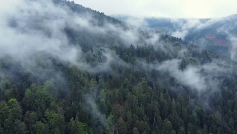 Vista-Aérea-Lateral-De-Un-Oscuro-Bosque-De-Montaña-Con-Grandes-Nubes-Blancas-Malhumoradas,-En-Vosges,-Francia,-4k