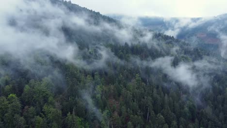 aerial side view of a dark mountain forest with big moody white clouds, in vosges, france, 4k
