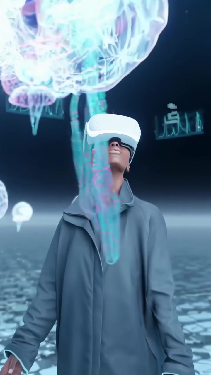 Persona che indossa un visore VR con modelli cerebrali olografici