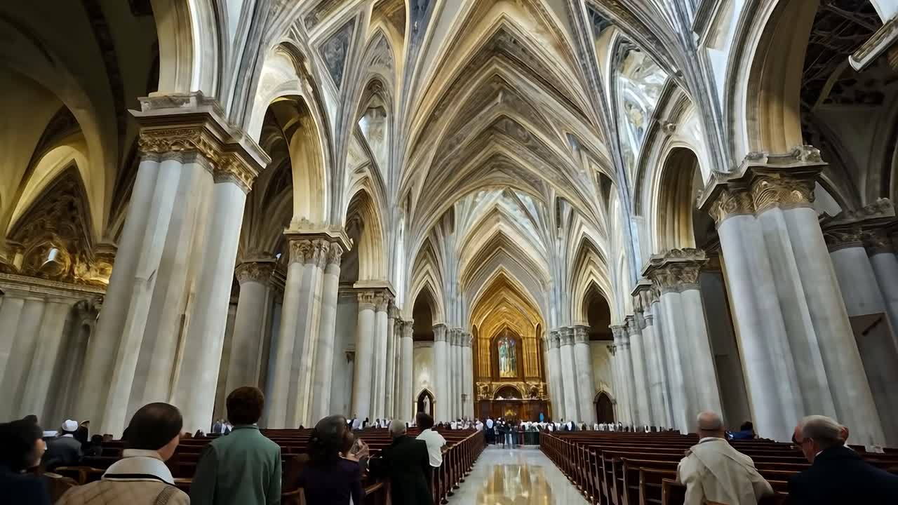 높은 천장과 벤치 줄이 있는 아름다운 대성당 안쪽.