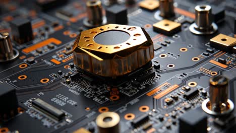 close-up of intricate electronic circuit board with golden components