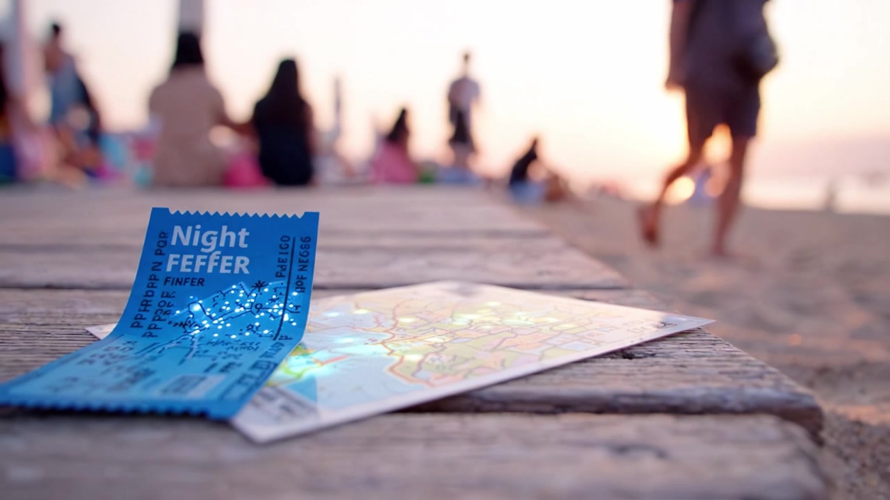 Una bella serata in spiaggia con biglietti e una mappa che evidenziano la gioia delle gite estive e delle avventure in riva al mare durante le ore del tramonto.