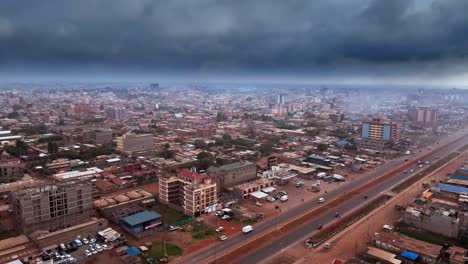 Dark-Cloudy-Sky-Over-Bustling-City-In-Kenya,-East-Africa