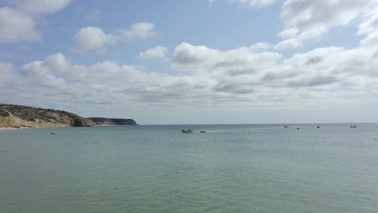 낚시 보트가 물 속에 누워 있고 많은 갈매기가 보트 주위를 돌고 날아다니는 사랑스럽고 따뜻한 해변