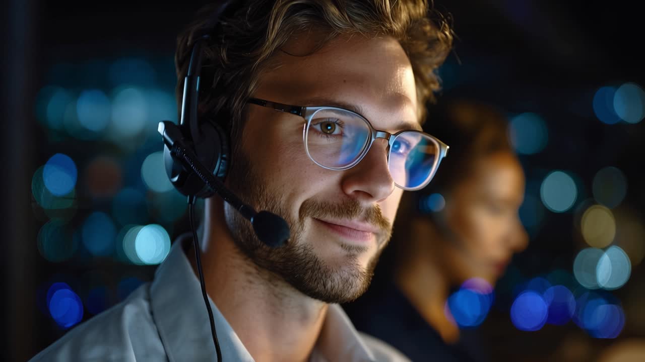 Young man wears headset and glasses. He looks focused, concentrating on work. Soft blue lights glow behind him. He appears calm, professional, and attentive
