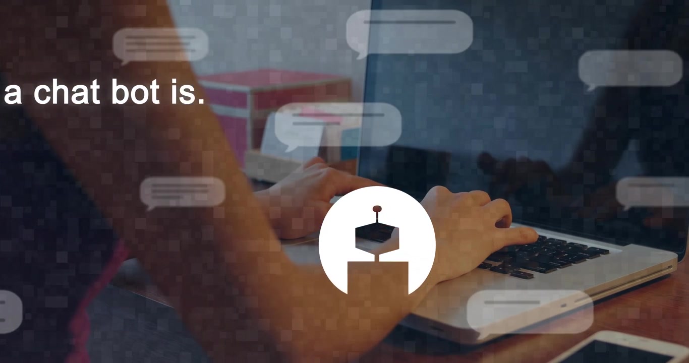 Kvinde taster på bærbar computer, hvilket skaber UI-overlejringer, robot erstatter avatar og forklarer bot, der bruger ML til teknologi