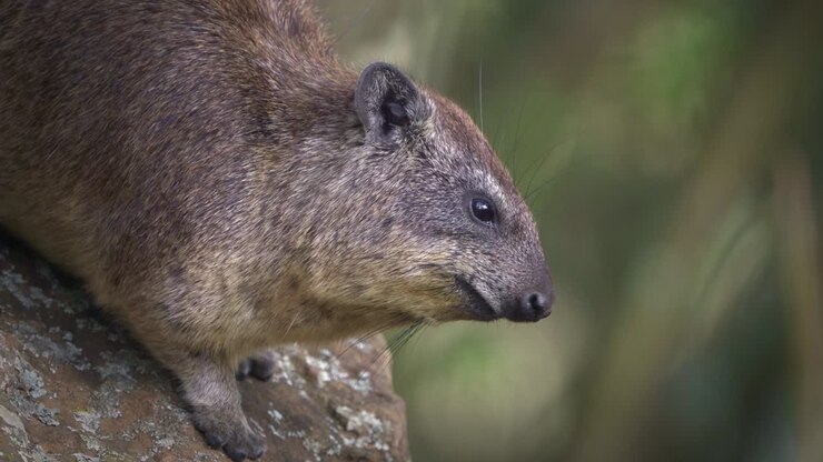 Rock Hyrax - Procavia capensis also dassie, Cape hyrax, rock rabbit or coney, terrestrial mammal native to Africa and the Middle East, order Hyracoidea genus Procavia. Eating and guarding on rocks
