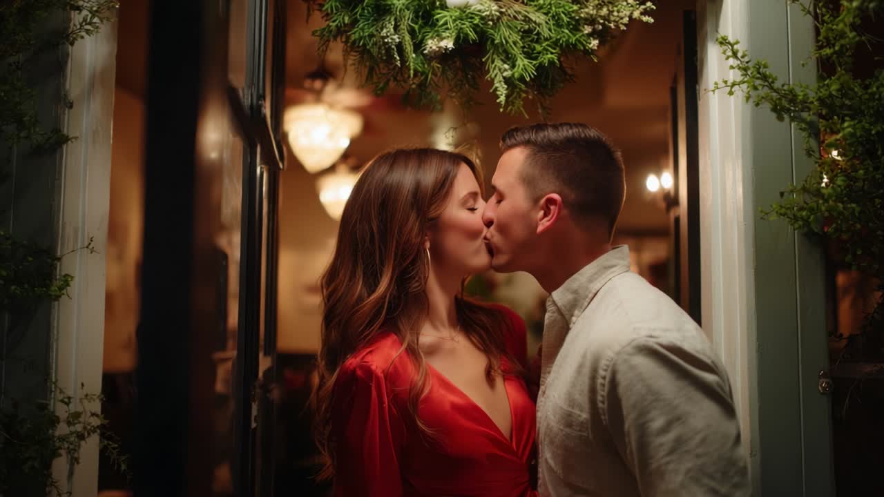A Romantic Moment Captured: A Couple Sharing a Tender Kiss Amidst a Cozy and Festively Decorated Entrance, Emphasizing Love and Connection in a Warm Atmosphere