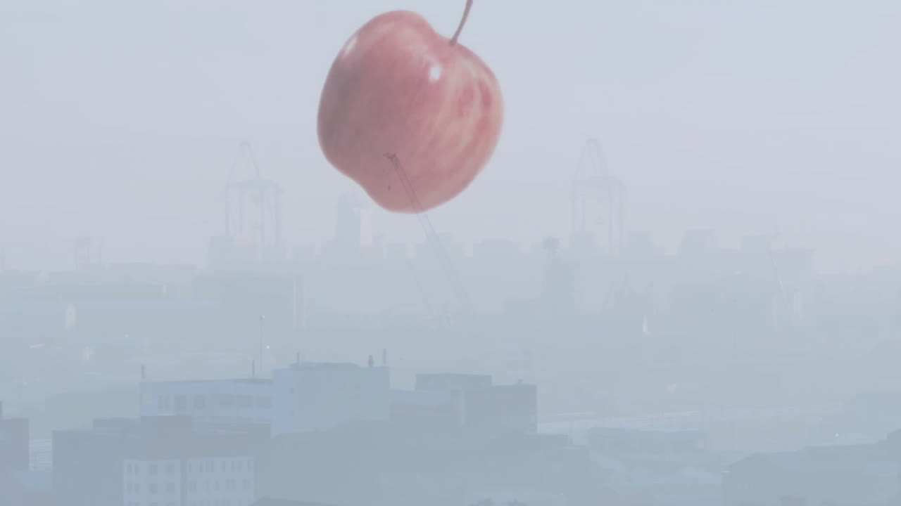 Floating giant peach over cityscape with cranes in background, animation style