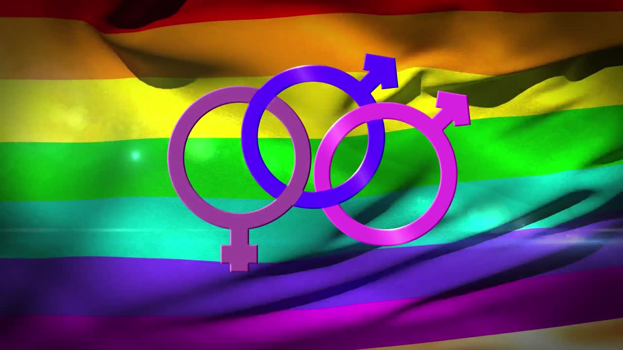 tres símbolos femeninos y masculinos unidos contra una bandera arco iris