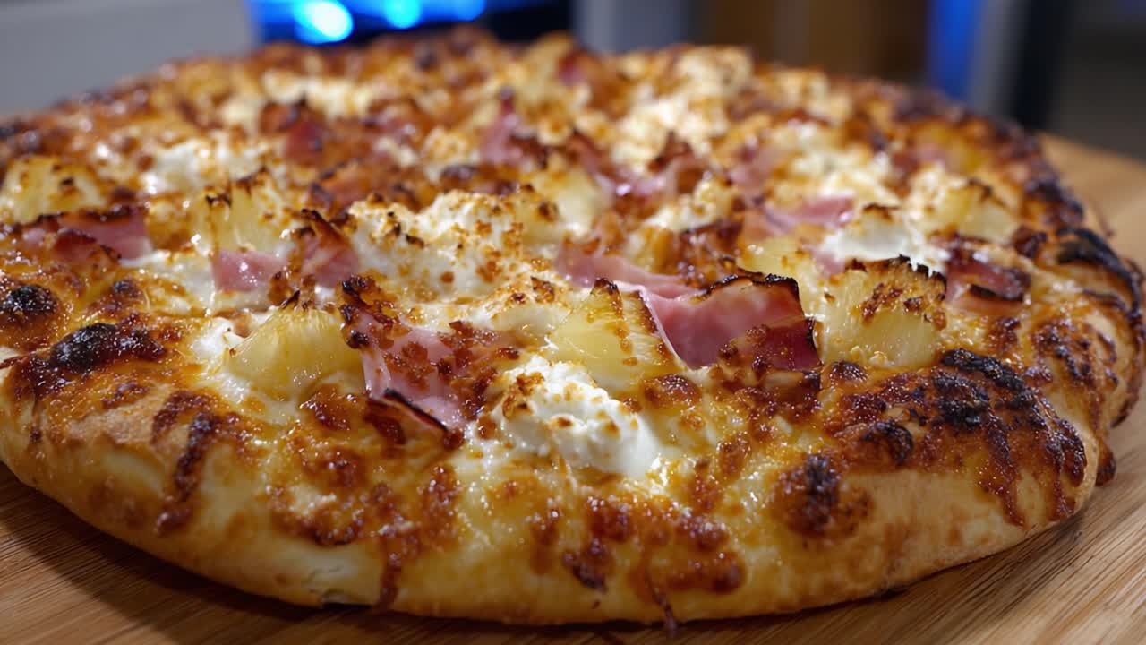 Pizza deliziosamente cotta appena sfornata, guarnita con prosciutto e ananas, con una crosta perfettamente dorata e formaggio fuso per un'esperienza di sapore irresistibile.