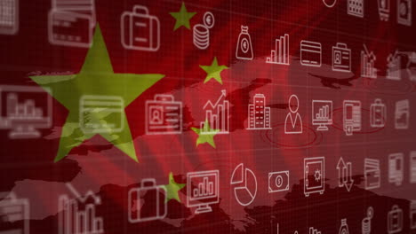 animation of business icons and financial data processing over flag of china