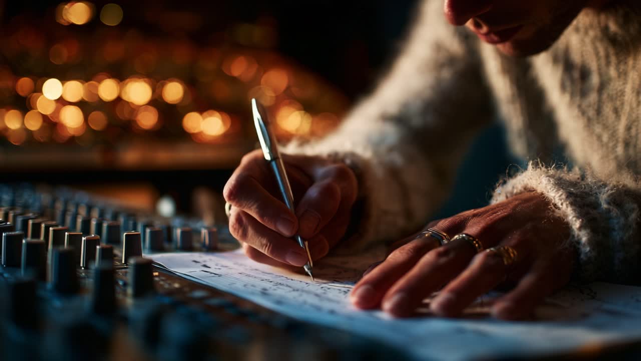 A Creative Musical Journey Unfolds: A Close-Up of Hands Writing Notes on Paper with a Stylish Pen While Surrounded by Equipment and Warm Ambient Lighting in a Studio Setting
