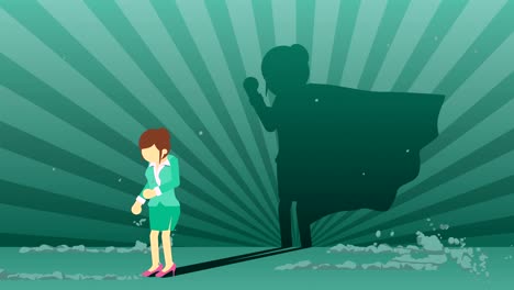 mujer de negocios de pie con la sombra del superhéroe. símbolo de negocios. ganador y concepto de desafío. animación de bucle cómico.