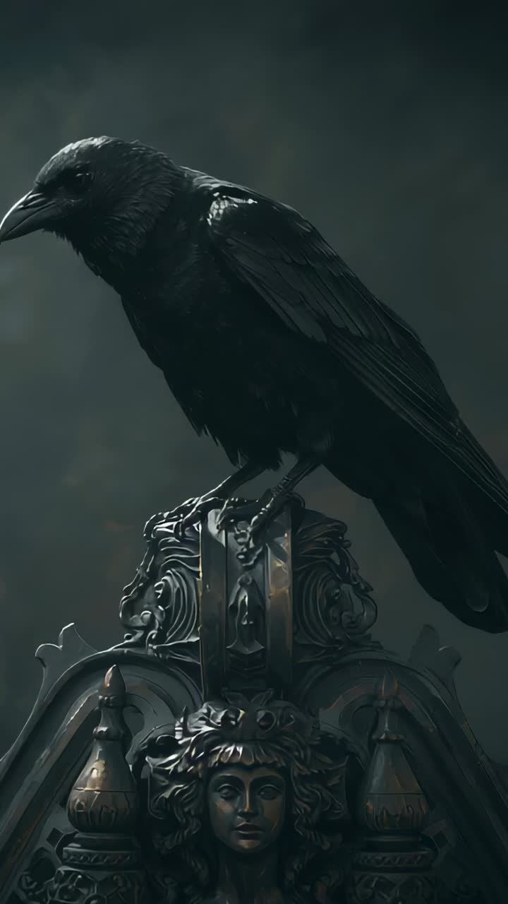 Vertical video: Tilting black raven turning head toward faint sound in studio on ornate finial