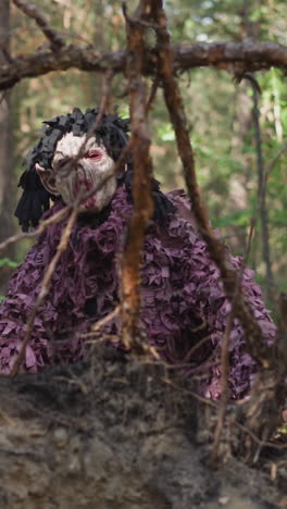 monstruos del folclore miran fuera de la pieza de madera a la deriva en el bosque en cámara lenta. criaturas espeluznantes se esconden y cazan a los viajeros. personas en trajes de halloween