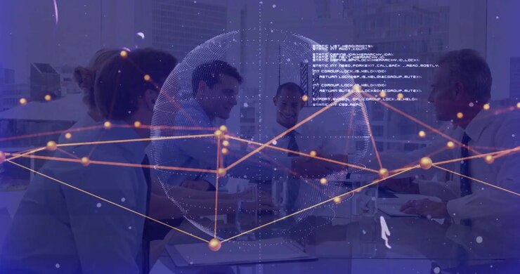 IT team watching sphere appearing above desk analyzing network with rotating nodes and fading code