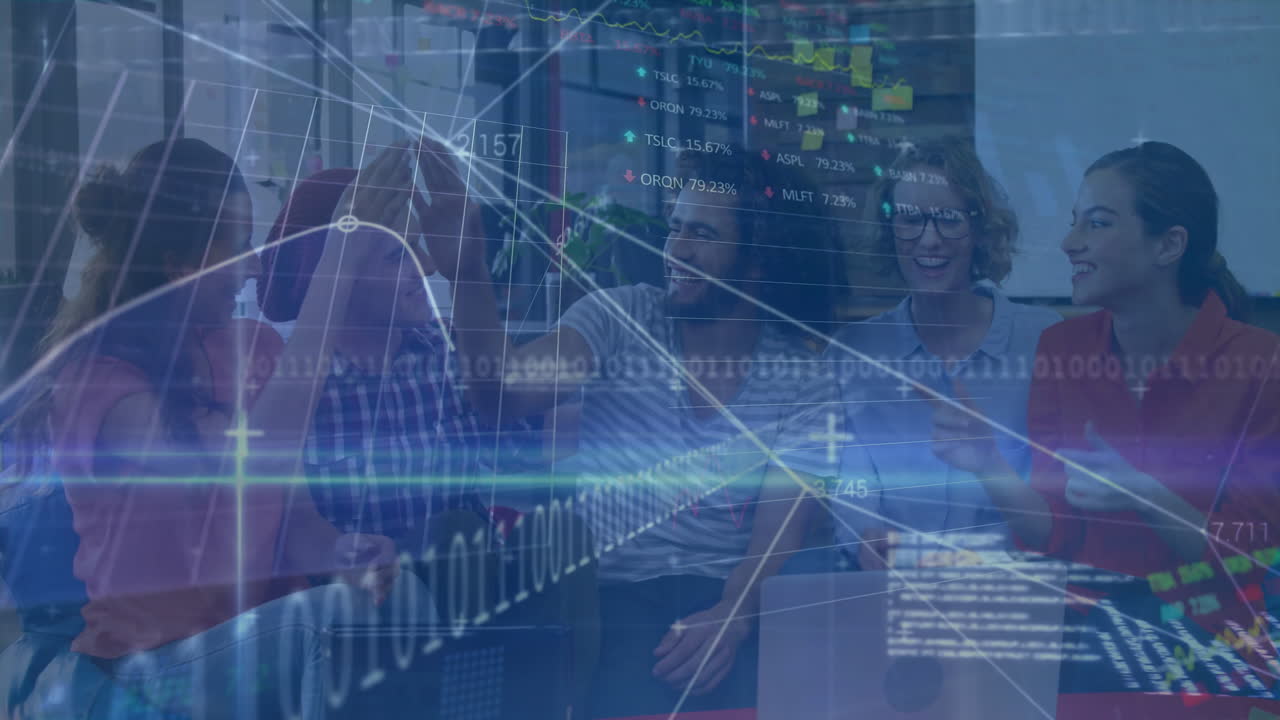 Collaborating in office, diverse group processing financial data with animation