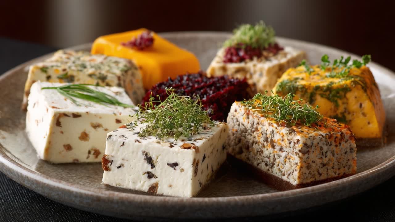 A Colorful Array of Artisanal Cheeses Displayed on a Plate, Showcasing Diverse Textures, Flavors, and Garnishes for a Gourmet Experience