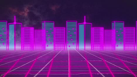 animation of cityscape over grid on dark background