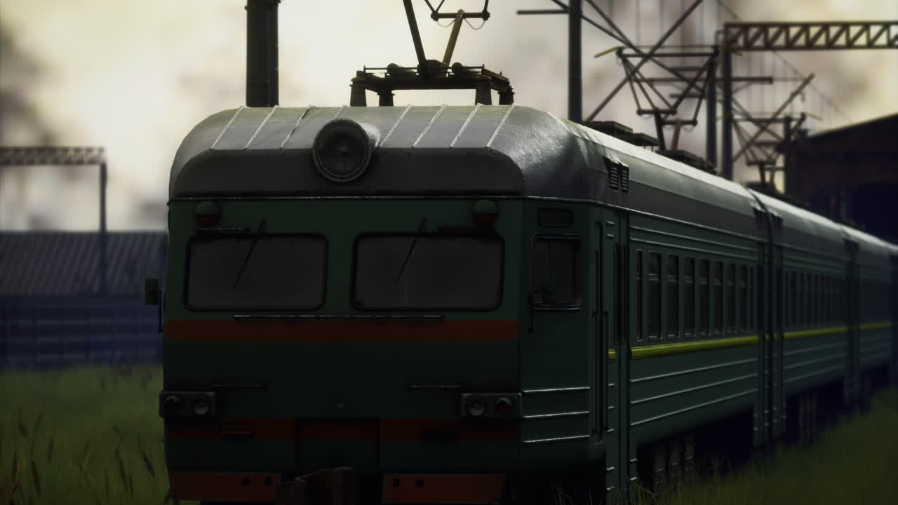 저녁 에 버려진 역 근처 에 있는 잔디 를 가로질러 이동 하는 열차
